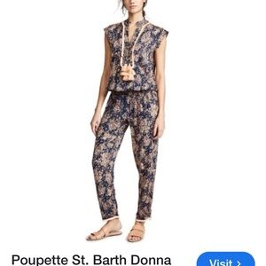 Poupette St. Barth Navy and Beige Floral Print Jumpsuit